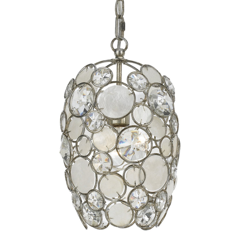 1 Light Antique Silver Coastal Mini Chandelier Draped In Natural White Capiz Shell + Hand Cut Crystal - C193-523-SA