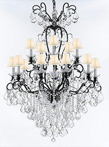 Swarovski Crystal Trimmed Wrought Iron Crystal Chandelier Lighting W38" H60" - Good for Entryway, Foyer, Living Room, Ballrooms, Catering Halls, Event Halls! w/ White Shades - A500-WHITESHADES/B12/556/16SW